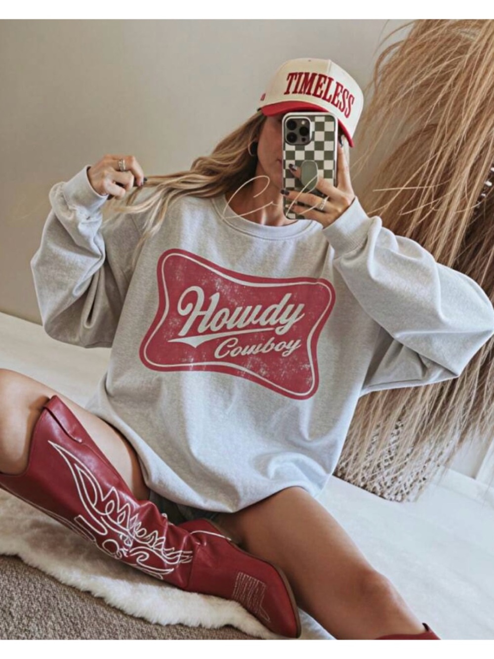 cozy Howdy Cowboy grey + red graphic western pullover lightweight sweatshirt new